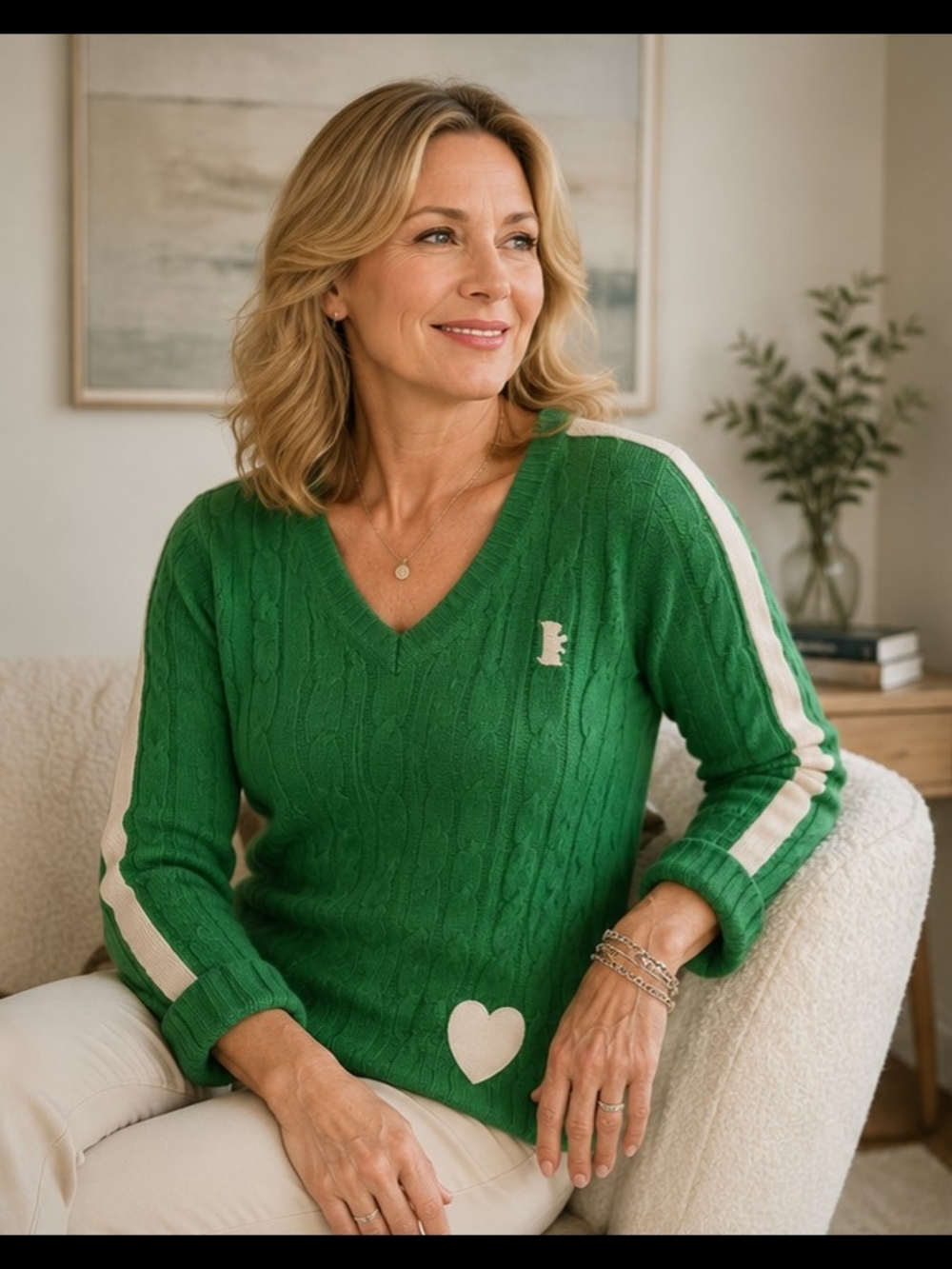 Juicy Couture 100% Cashmere Cable Knit Sweater – Green V-Neck Heart Patch Size S